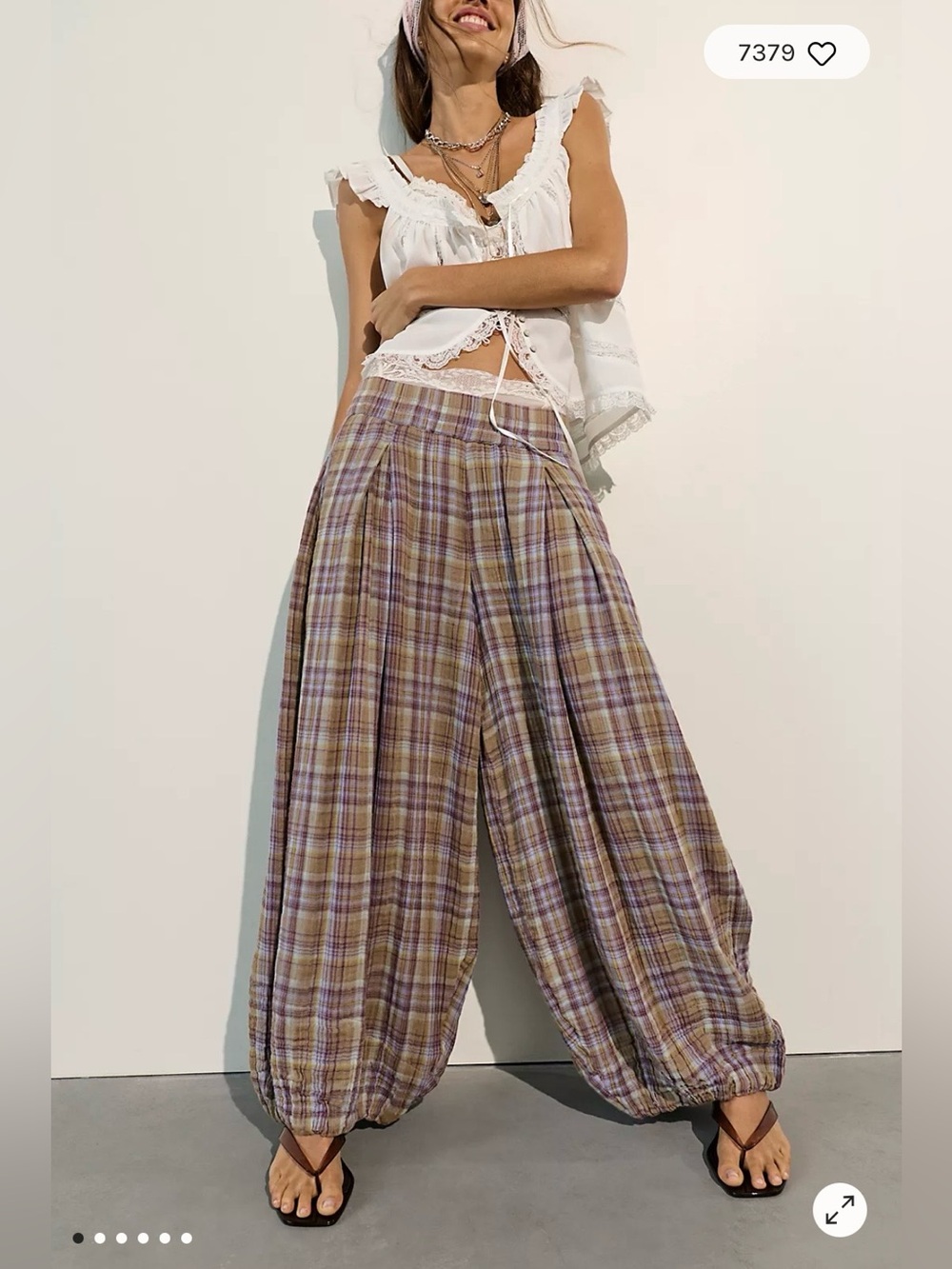Free People Moonflower Plaid Pull On Balloon Pants in Lavender Combo Size M. NWT